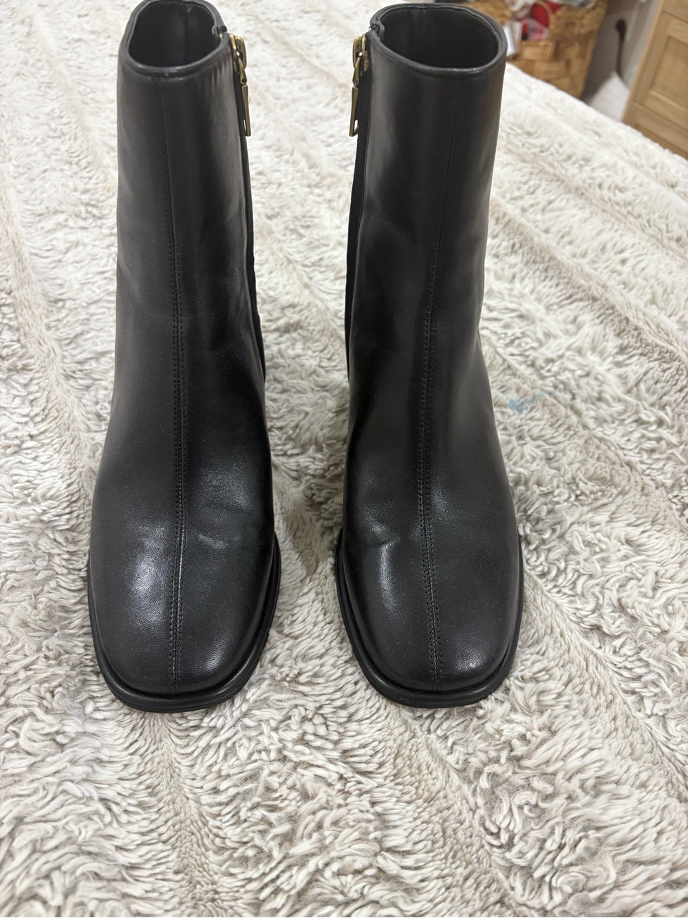 Coach Gigi Black Leather Block Heel Ankle Boots with Gold Accents - Picture 3 of 4